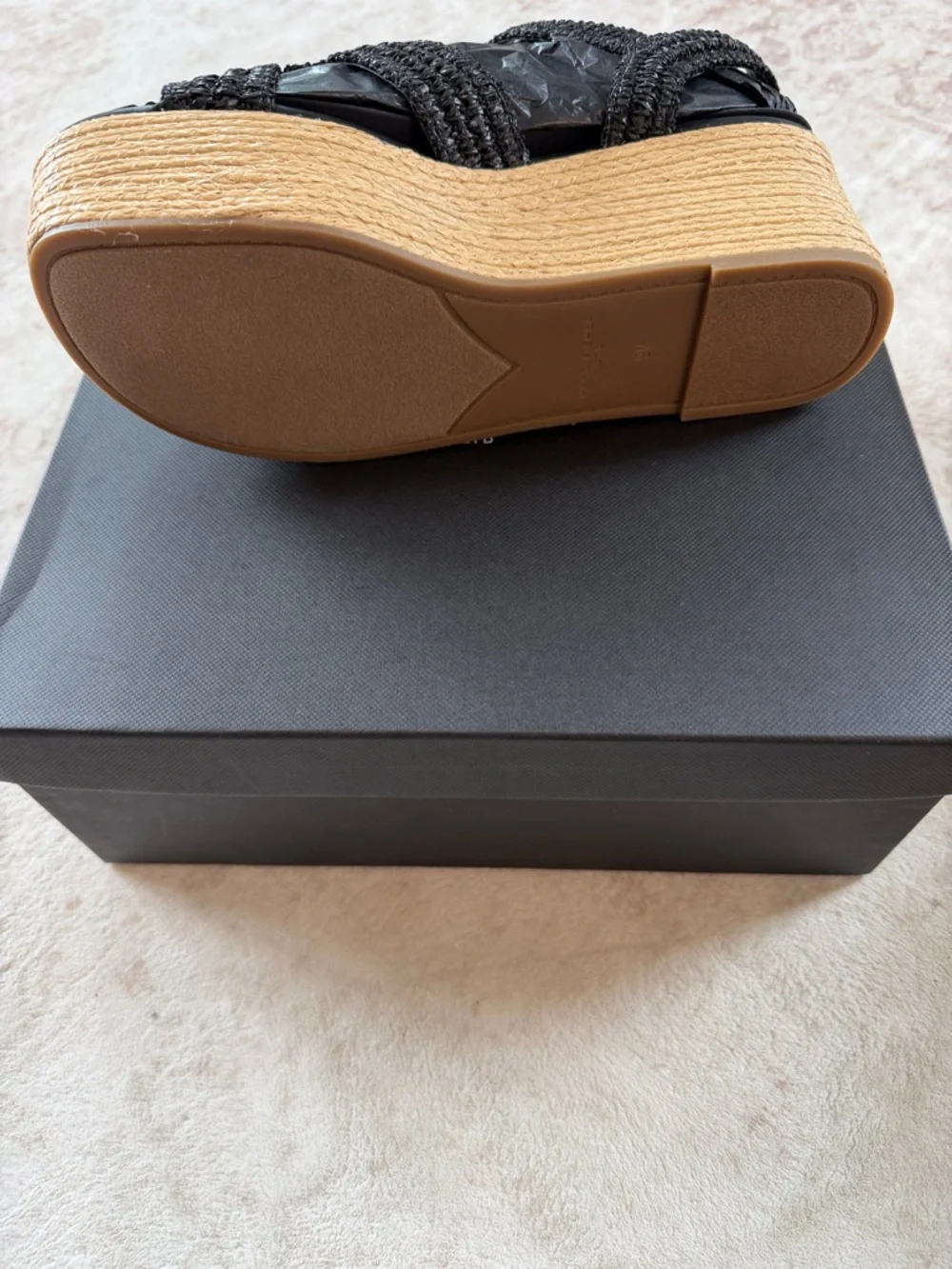 Marc Fisher Payley Black Woven Espadrille Wedge Sandal with Natural Platform